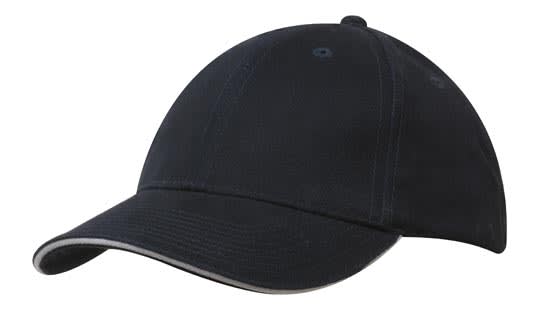Brushed Heavy Cotton with Sandwich Trim HE-4210 A navy cap with a sandwich trim. The cap features a logo and has six-panel construction.