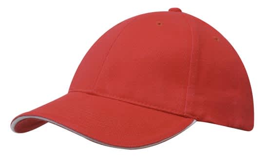 Brushed Heavy Cotton with Sandwich Trim HE-4210 A red cap with a sandwich trim and a logo, made from brushed heavy cotton.