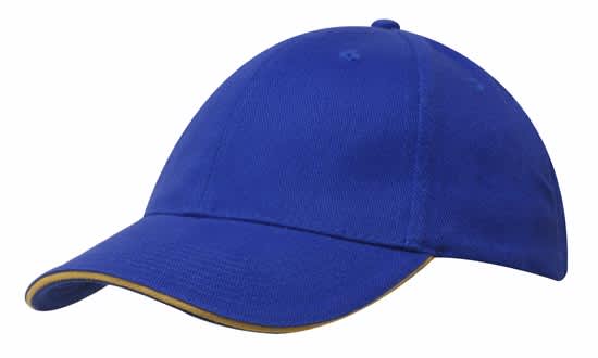 Brushed Heavy Cotton with Sandwich Trim HE-4210 A blue cap with a sandwich trim in gold. It features a structured design and has a logo on the front.