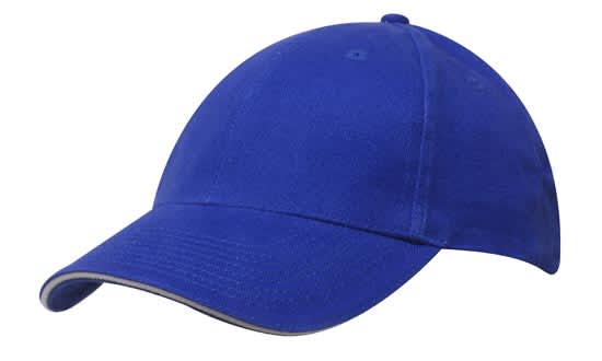Brushed Heavy Cotton with Sandwich Trim HE-4210 A blue cap with a sandwich trim and a logo, featuring a curved brim and six-panel design.