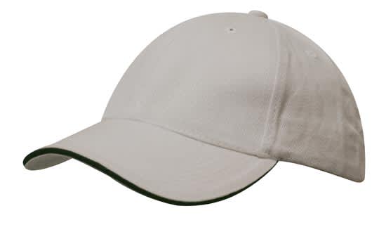 Brushed Heavy Cotton with Sandwich Trim HE-4210 A cap in a light grey colour with a dark green sandwich trim and a curved brim. It features a logo.