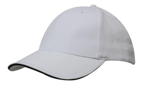 Brushed Heavy Cotton with Sandwich Trim HE-4210 A white cap with a black sandwich trim, featuring a logo on the front.