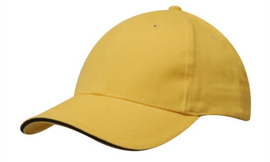 Brushed Heavy Cotton with Sandwich Trim HE-4210 A yellow cap with a sandwich trim and a branded logo. The cap features a rounded crown and a curved peak.