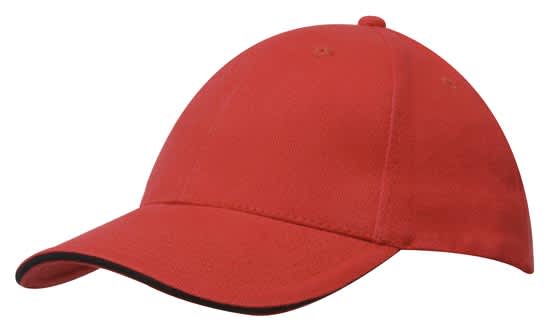Brushed Heavy Cotton with Sandwich Trim HE-4210 A red cap with a black sandwich trim and a curved visor, featuring a logo on the front.