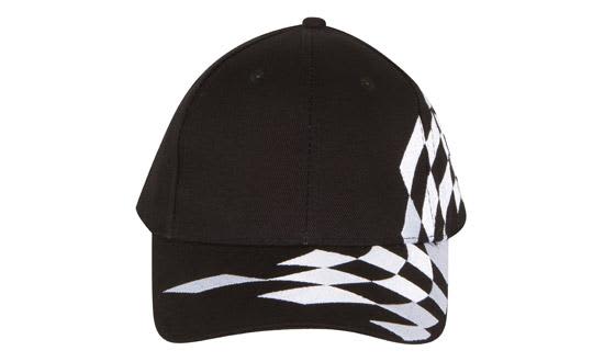 Brushed Heavy Cotton with Checks HE-4224 A black cap featuring a checkered pattern in white, with a logo present on the design.