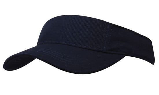 Brushed Heavy Cotton Visor HE-4230 A navy blue brushed heavy cotton visor with a wide brim and an adjustable band, featuring a logo on the front.