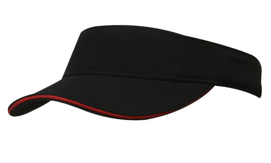 Brushed Heavy Cotton Visor HE-4230 A black visor with a red trim, featuring a logo on the front. Made from brushed heavy cotton material.