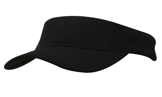 Brushed Heavy Cotton Visor HE-4230 A black brushed heavy cotton visor with a curved brim and an adjustable band. It features a logo on the side.