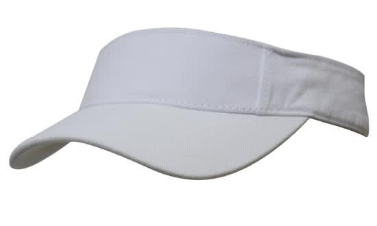 Brushed Heavy Cotton Visor HE-4230 A white brushed heavy cotton visor with a wide brim and adjustable back strap. It features a logo.