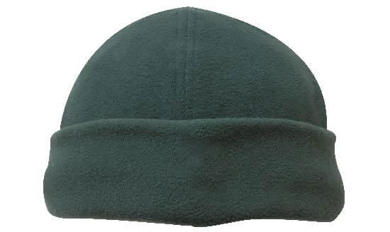 Micro Fleece Beanie - Toque HE-4235 A dark green micro fleece beanie with a folded cuff and a simple design. It features a branding logo.