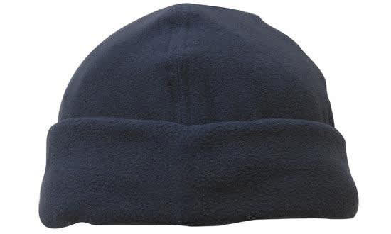 Micro Fleece Beanie - Toque HE-4235 A navy blue micro fleece beanie toque with a rolled-up cuff and a logo.