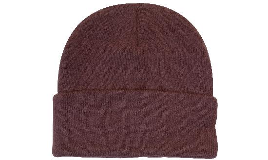 Acrylic Beanie - Toque HE-4243 Acrylic beanie in a rich brown colour, featuring a folded cuff and a seamless design. It has a logo present.