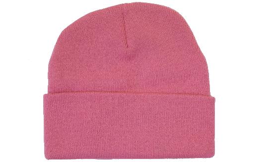 Acrylic Beanie - Toque HE-4243 A pink acrylic beanie with a folded cuff, featuring a simple design. It has a branding logo on it.