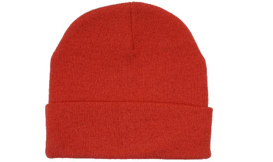 Acrylic Beanie - Toque HE-4243 Acrylic beanie in bright red, featuring a fold-over cuff and a textured fabric. Includes a logo.