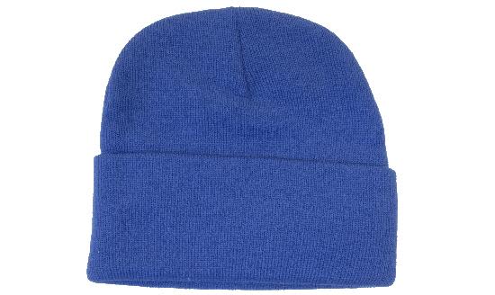 Acrylic Beanie - Toque HE-4243 A blue acrylic beanie toque with a folded brim, featuring a logo on the side.
