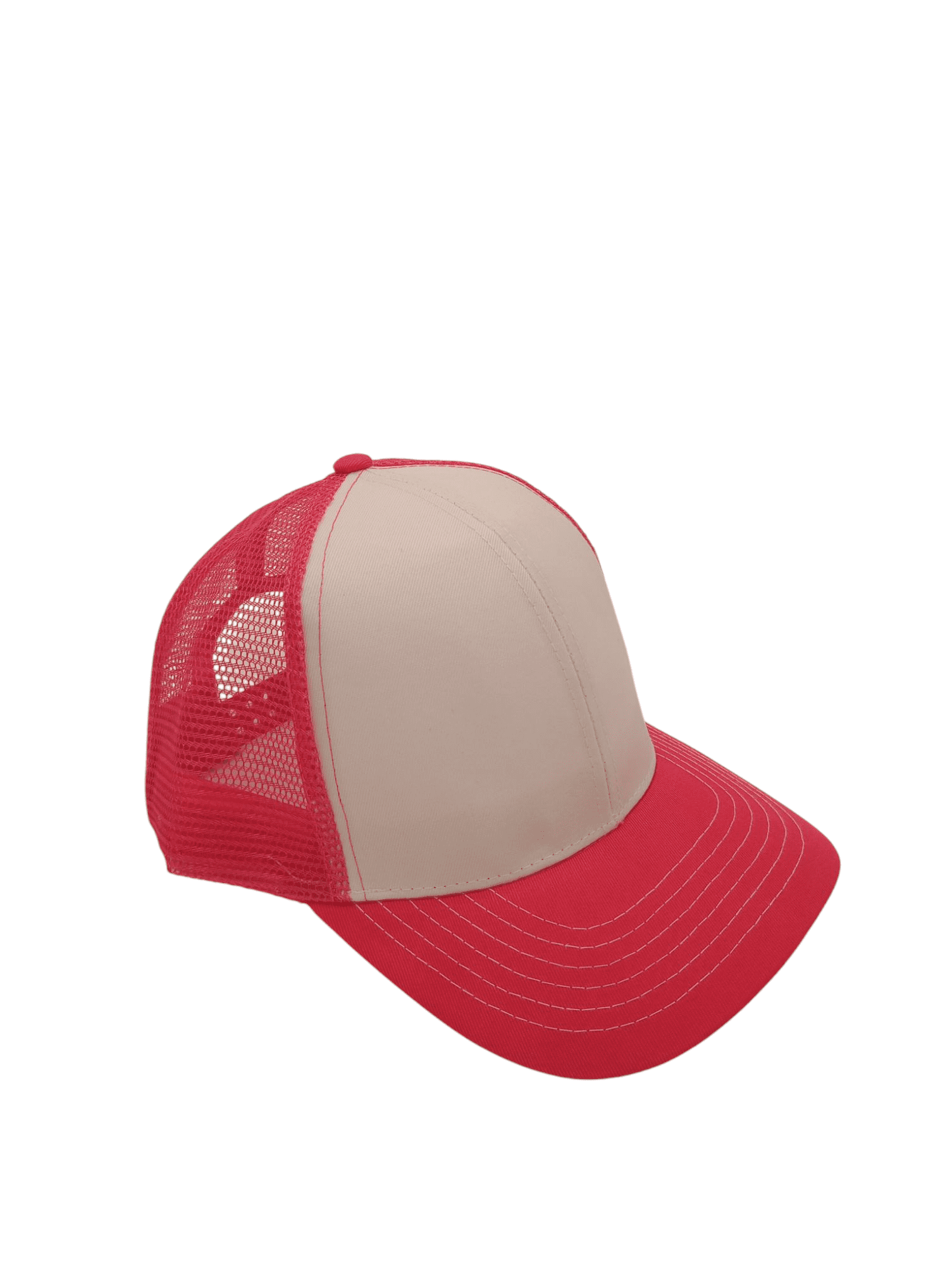 Breathable Poly Twill With Mesh Back HE-3819 A trucker cap with a beige front and red mesh back, featuring a logo on the front.
