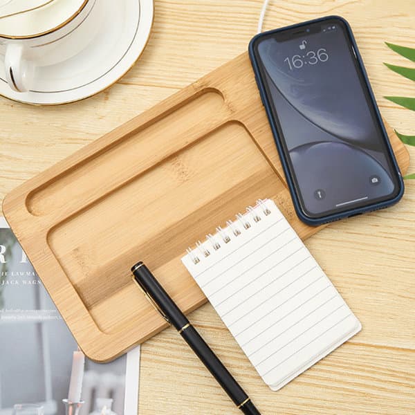 Bamboo Desktop Organizer Wireless Charging Pad