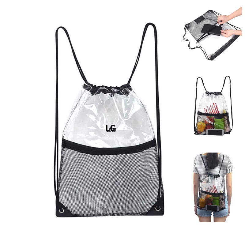 Clear Drawstring Bag With Front Mesh Pocket