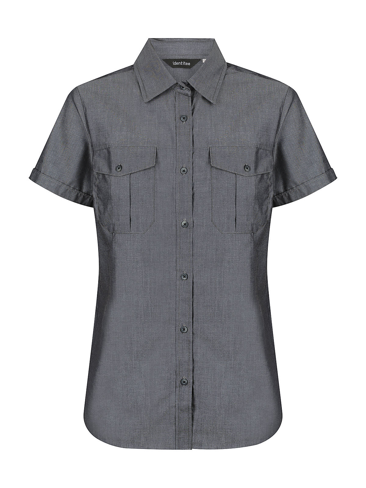 A ladies short sleeve button-up shirt in dark grey with two chest pockets and a collar, featuring a logo.