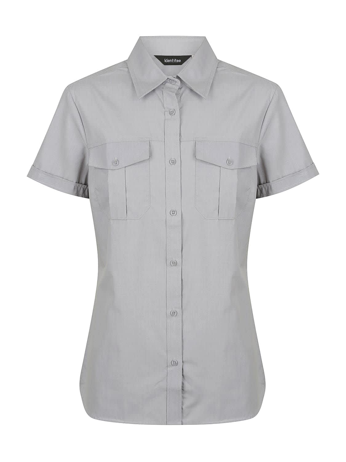 A ladies' short sleeve button-up shirt in light grey, featuring two buttoned chest pockets and a collar.