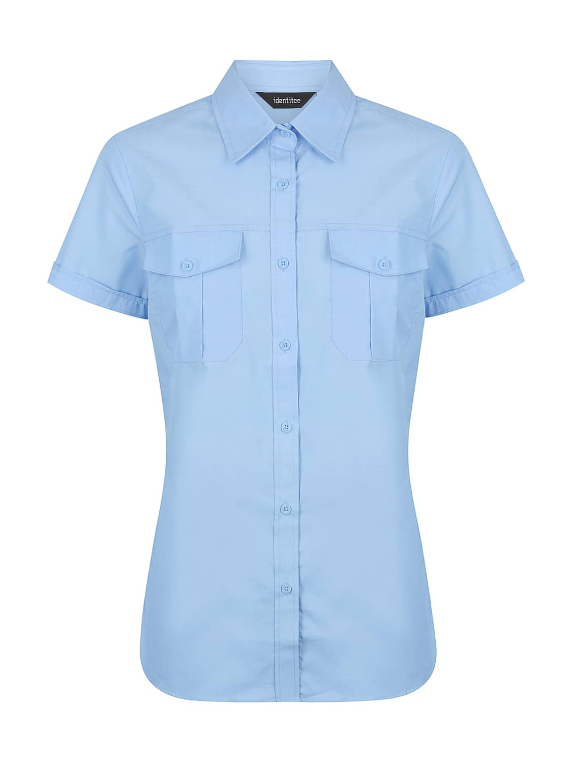 A light blue ladies' short sleeve button-up shirt with two chest pockets and a collar.