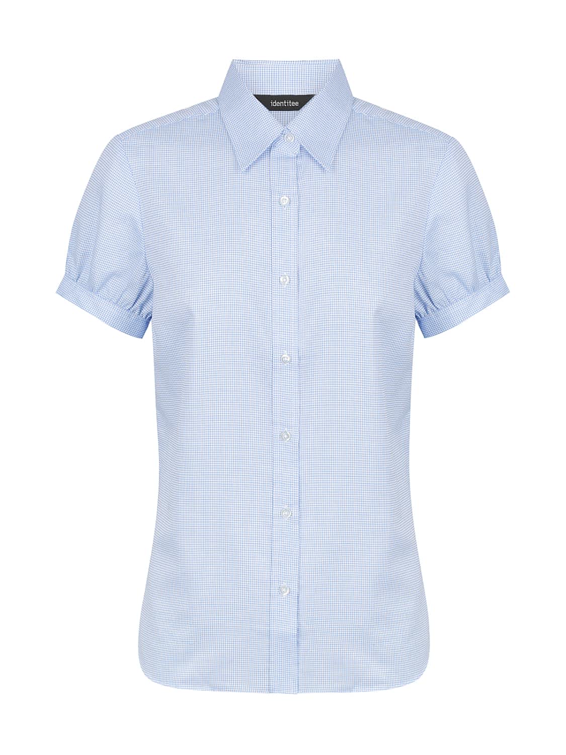 A short sleeve button-up shirt in light blue with a check pattern and a logo on the collar.
