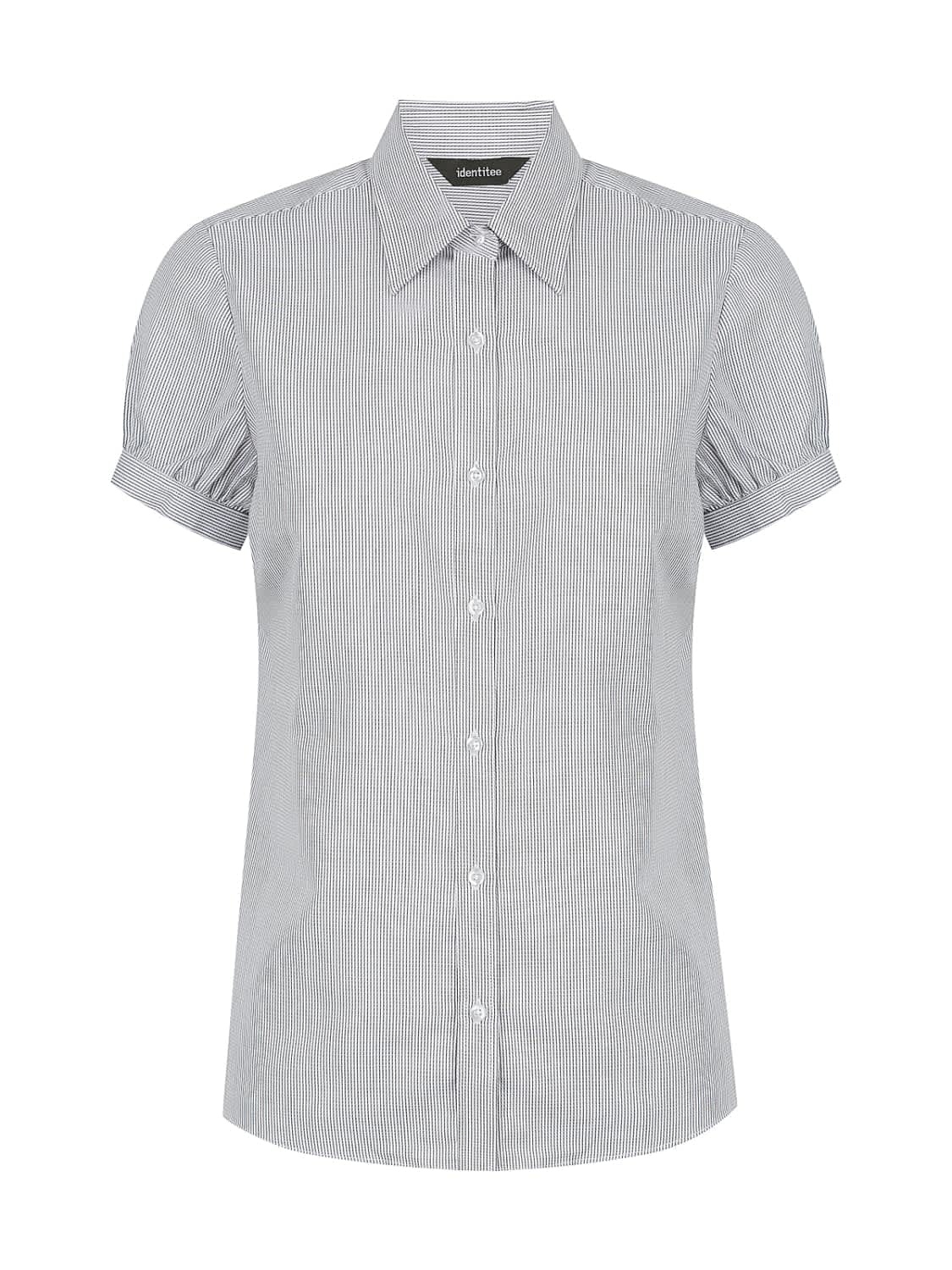 A button-up shirt in light grey with vertical stripes and short sleeves, featuring a collar and branding.