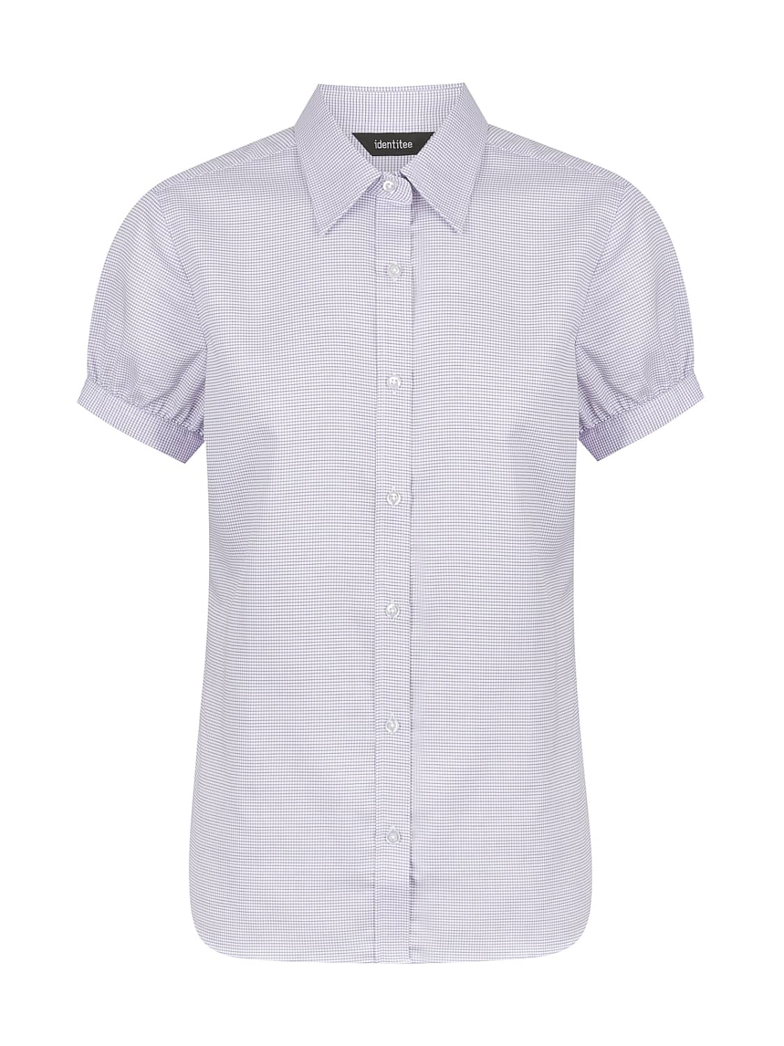 A ladies' short sleeve button-up shirt in a light purple check pattern, featuring a classic collar and gathered sleeves.