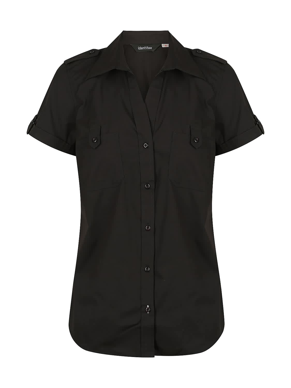 A black ladies' short sleeve button-up shirt featuring shoulder epaulets and two front pockets.