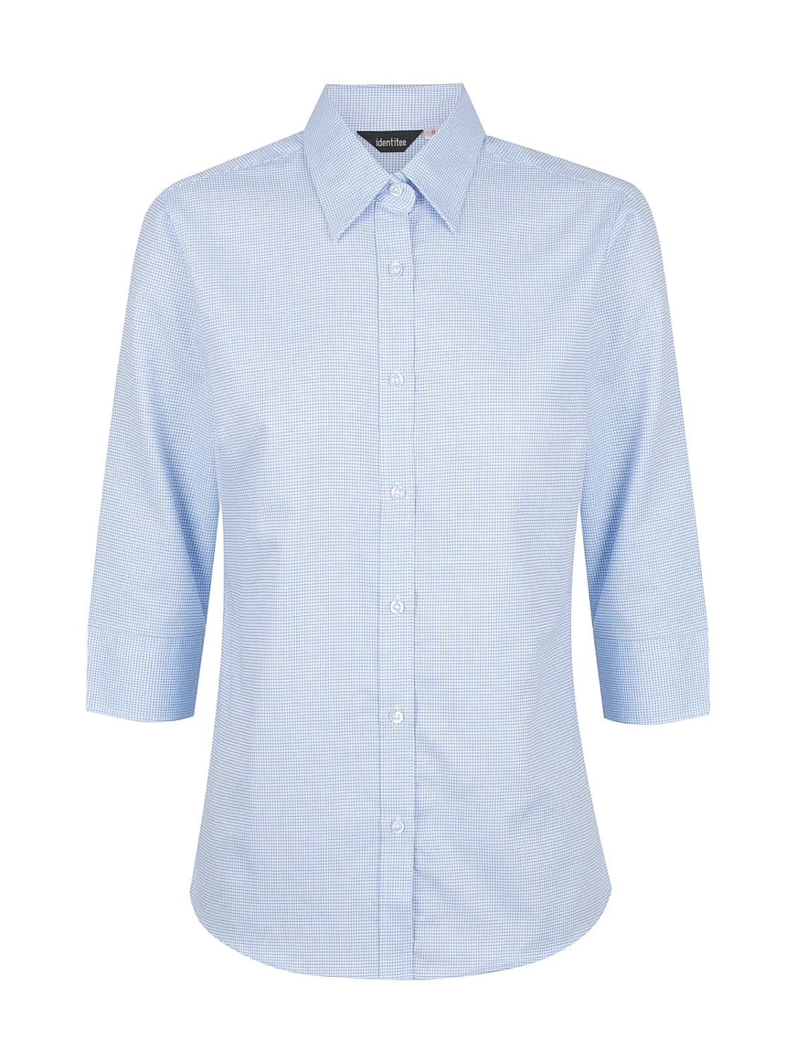 A light blue, button-up shirt with 3/4 sleeves and a collar, featuring a subtle check pattern and a logo.