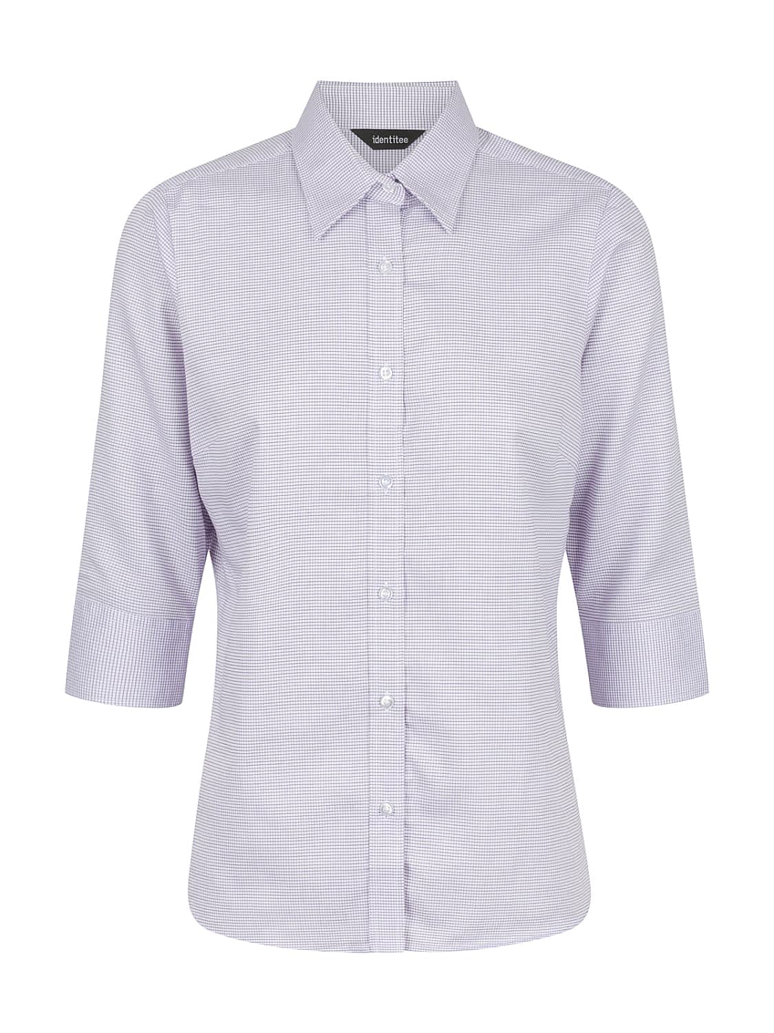 A ladies' 3/4 sleeve button-up shirt in a light purple check pattern, featuring a collar and branding.