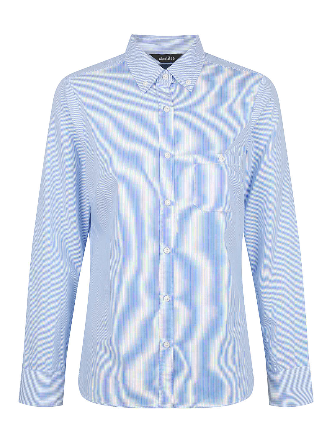 A light blue, long sleeve button-up shirt with a collar and a front pocket. Features a logo on the label.