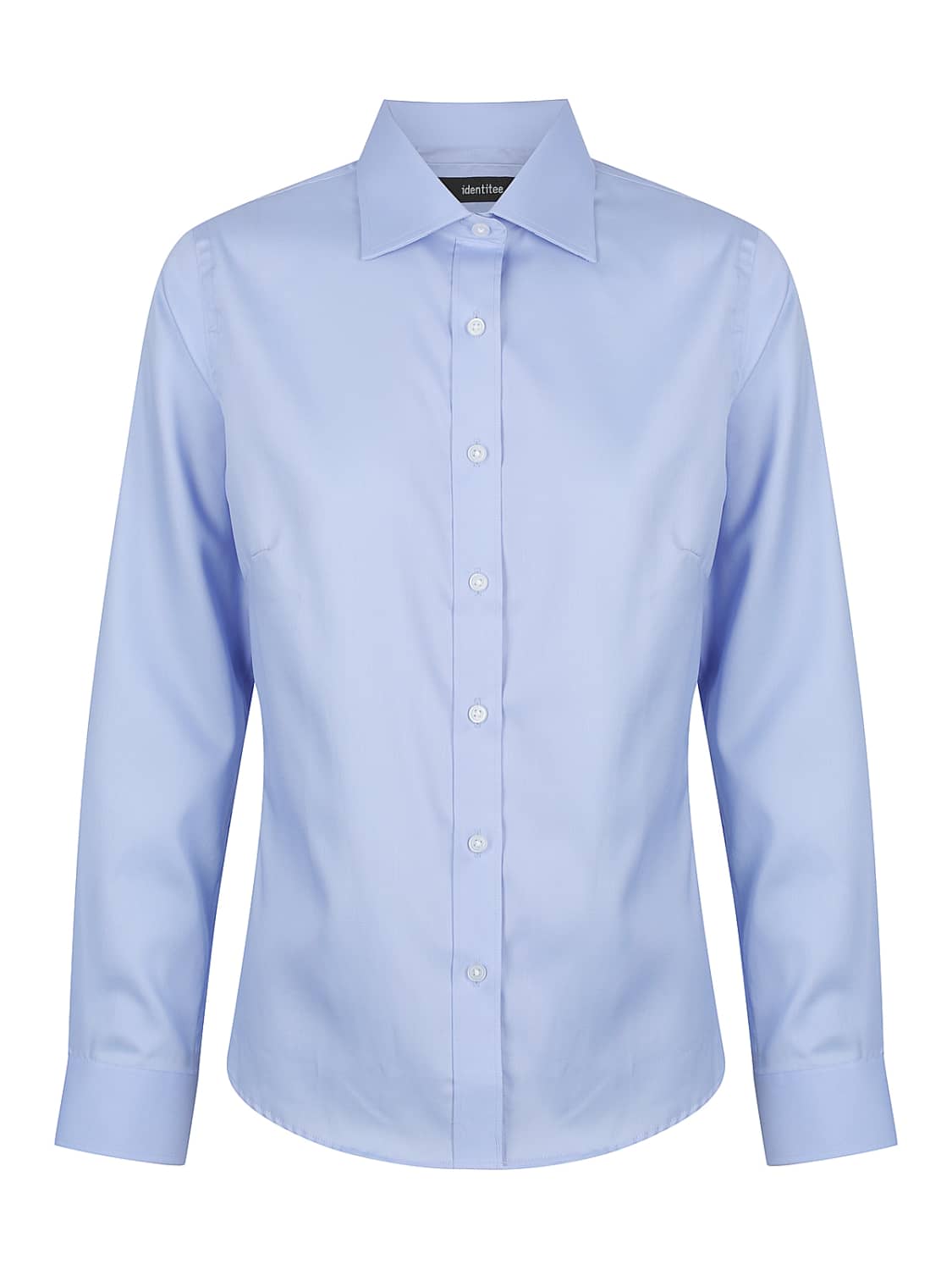 A light blue ladies' long sleeve button-up shirt with a collar and a logo.