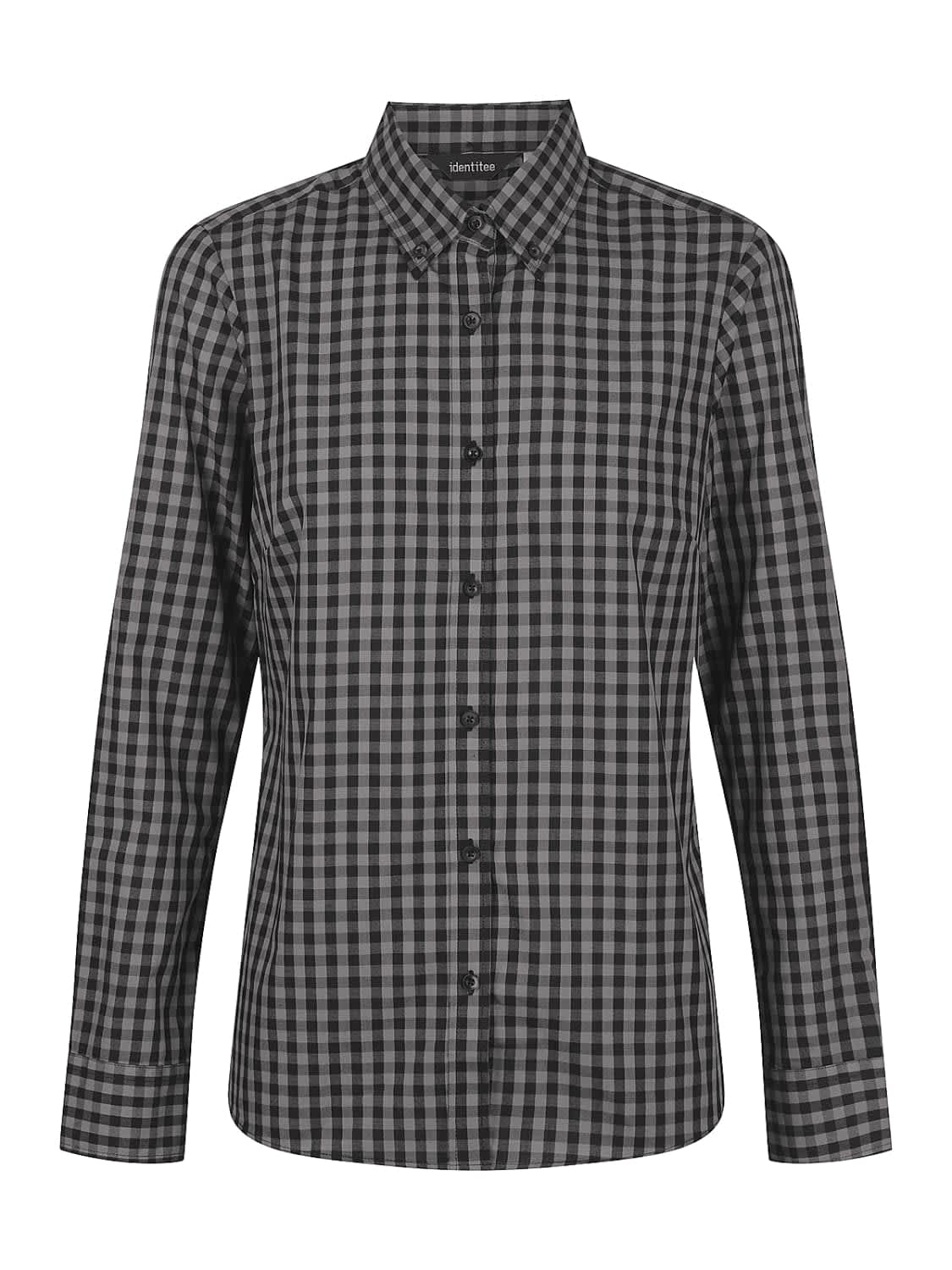 A black and grey checkered button-up long sleeve shirt with a collar and a central button placket.