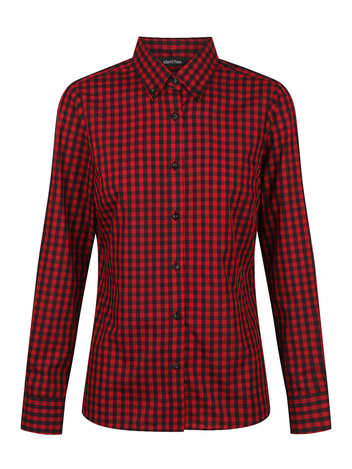 A long sleeve button-up shirt in red and black checkered pattern with a collar and branding.