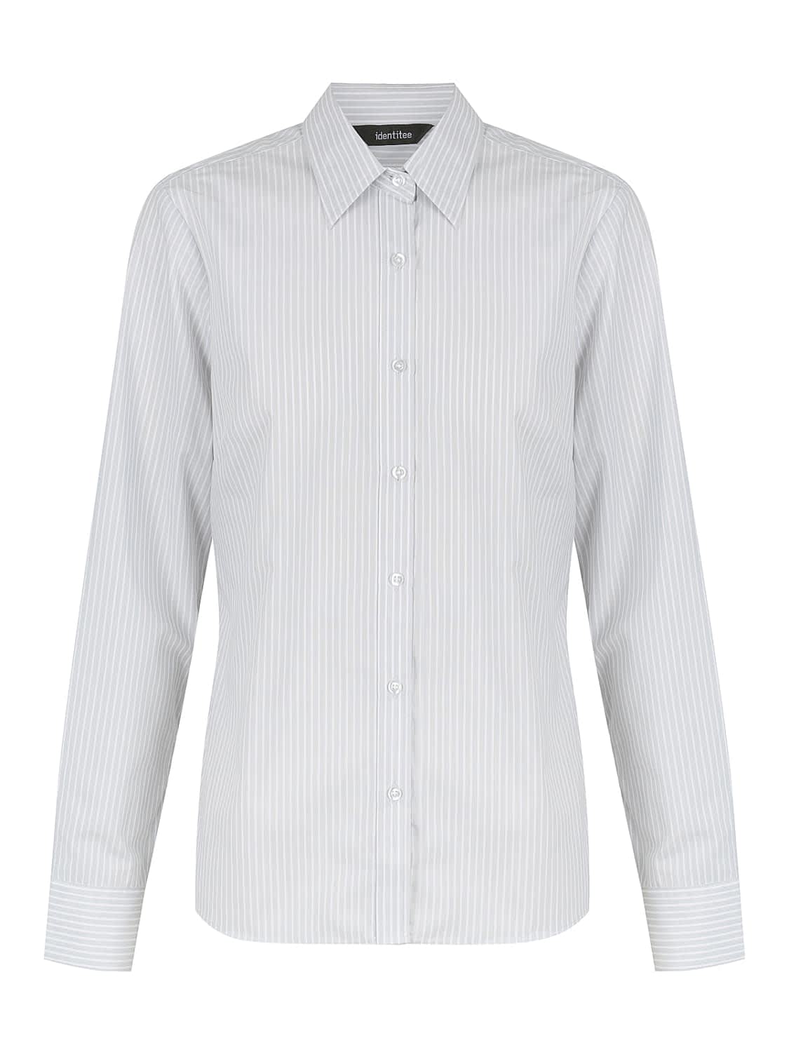 A ladies long sleeve button-up shirt in light grey with a subtle striped pattern and a collar.