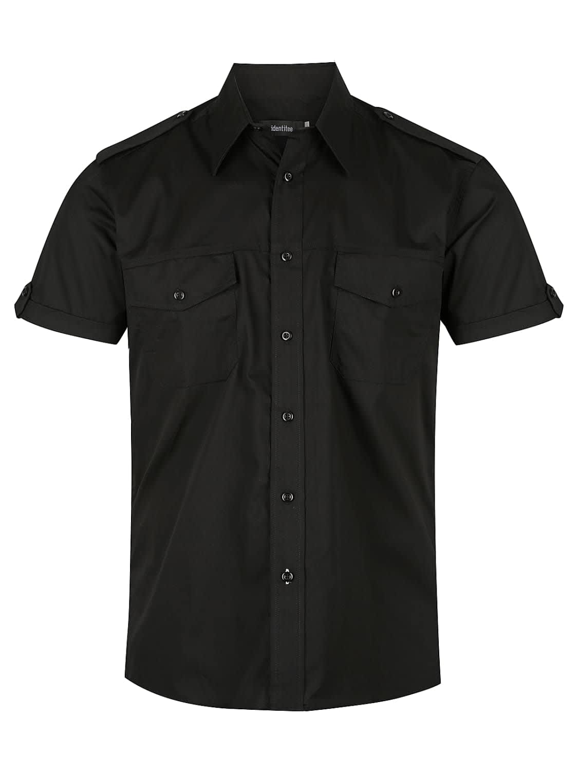 A black short sleeve button-up shirt featuring two front pockets and shoulder details.