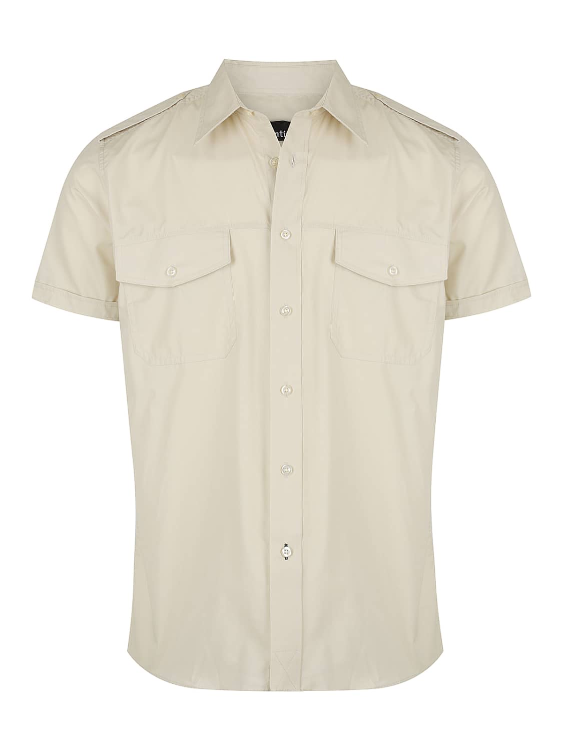 A men's short sleeve button-up shirt in a light beige colour, featuring two chest pockets and shoulder detailing.
