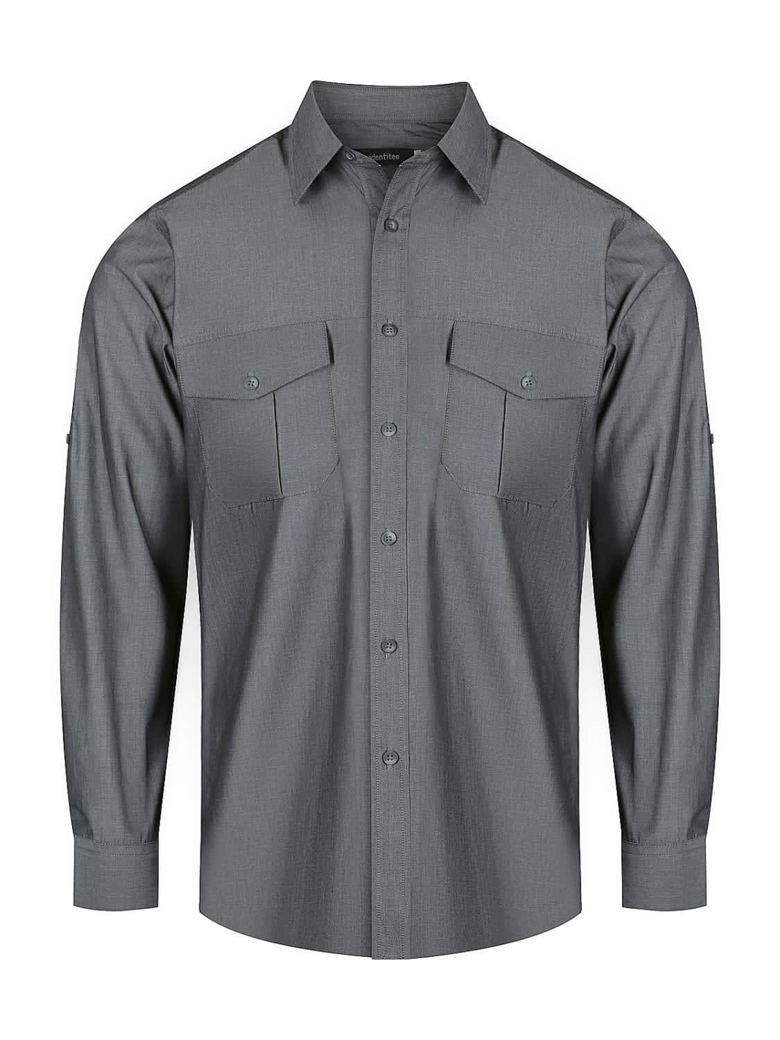 A men's long sleeve shirt in grey, featuring two chest pockets and a button-up front. Includes a logo branding.