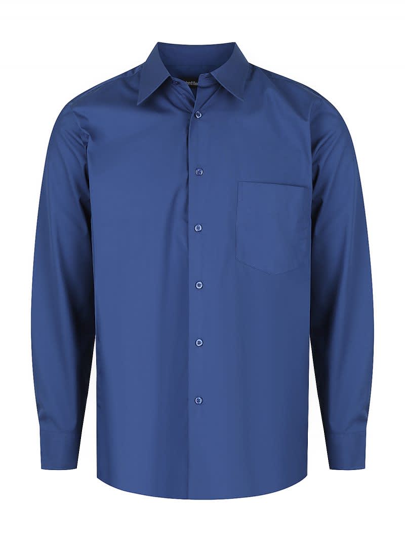 A blue men's long sleeve button-up shirt featuring a single chest pocket and a collar. It has a branding logo.