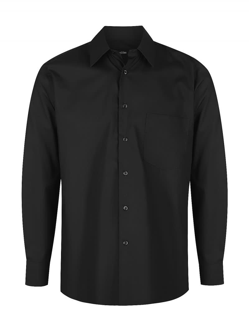 A black long sleeve button-up shirt featuring a pocket and a subtle logo.