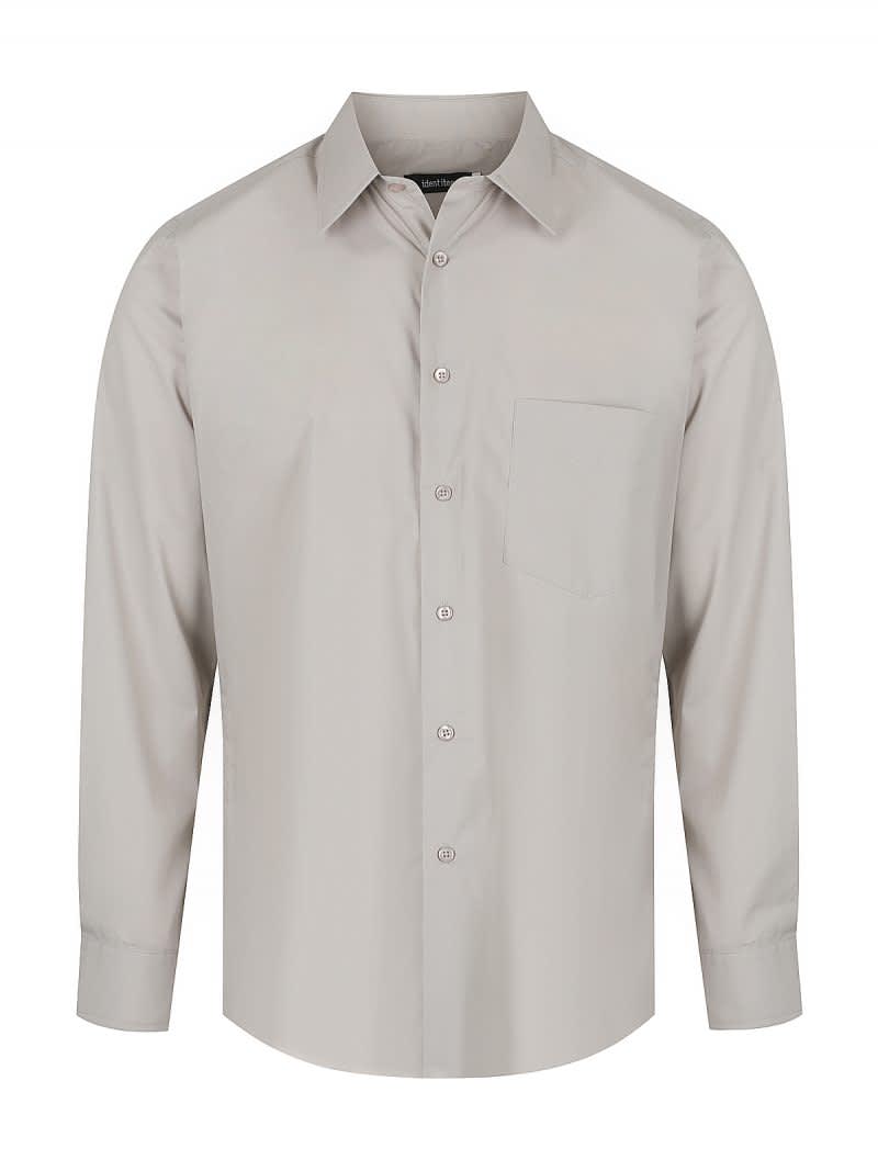 A light-grey men's long sleeve button-up shirt with a chest pocket and a logo.
