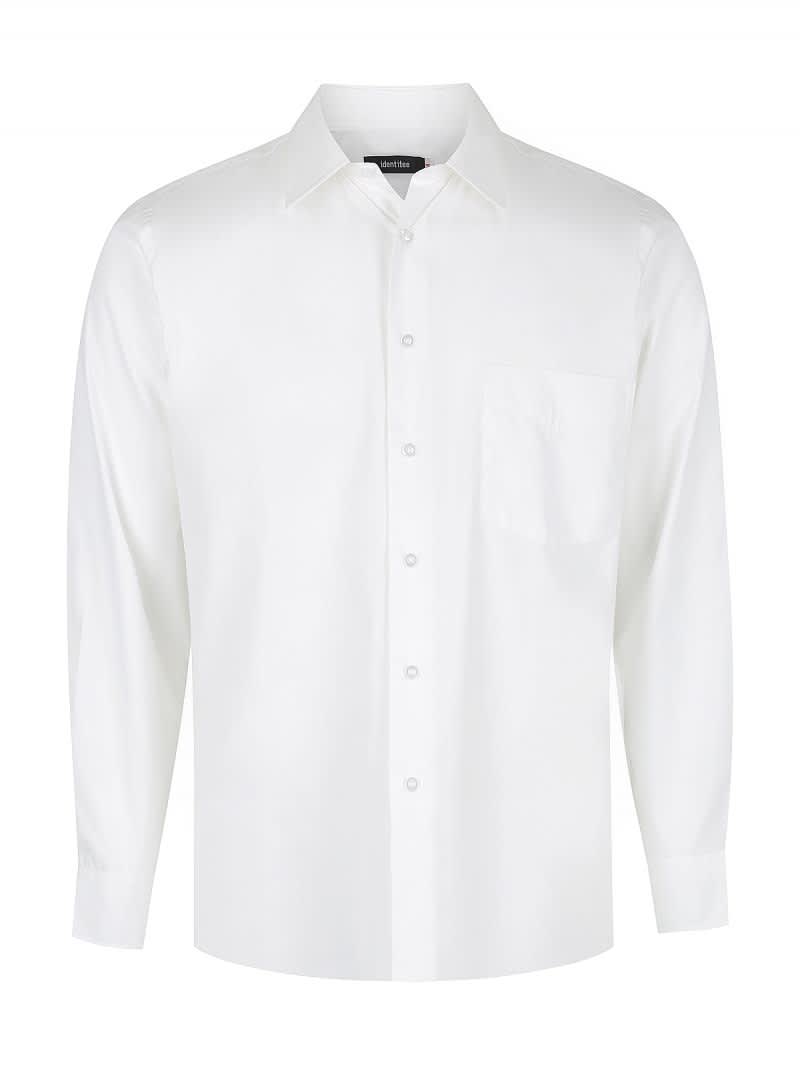 A white long sleeve button-up shirt featuring a collar and a single chest pocket. Includes branding on the tag.
