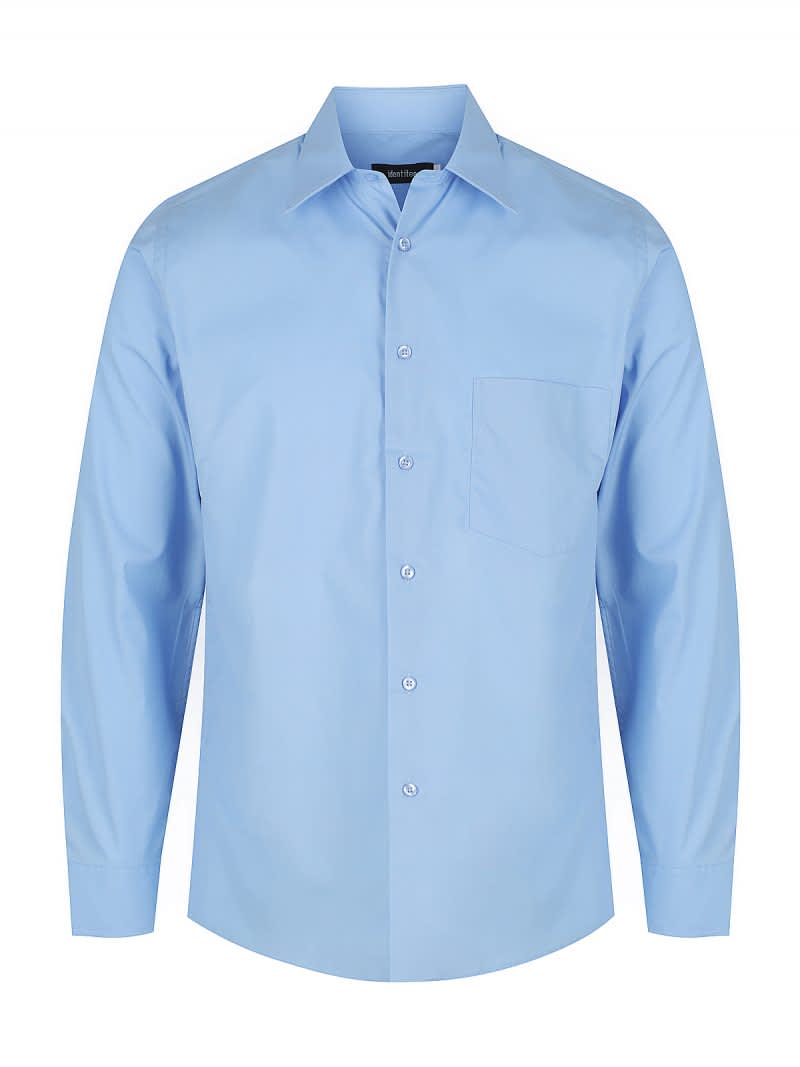 A light blue button-up shirt with long sleeves and a single chest pocket, featuring a brand logo.