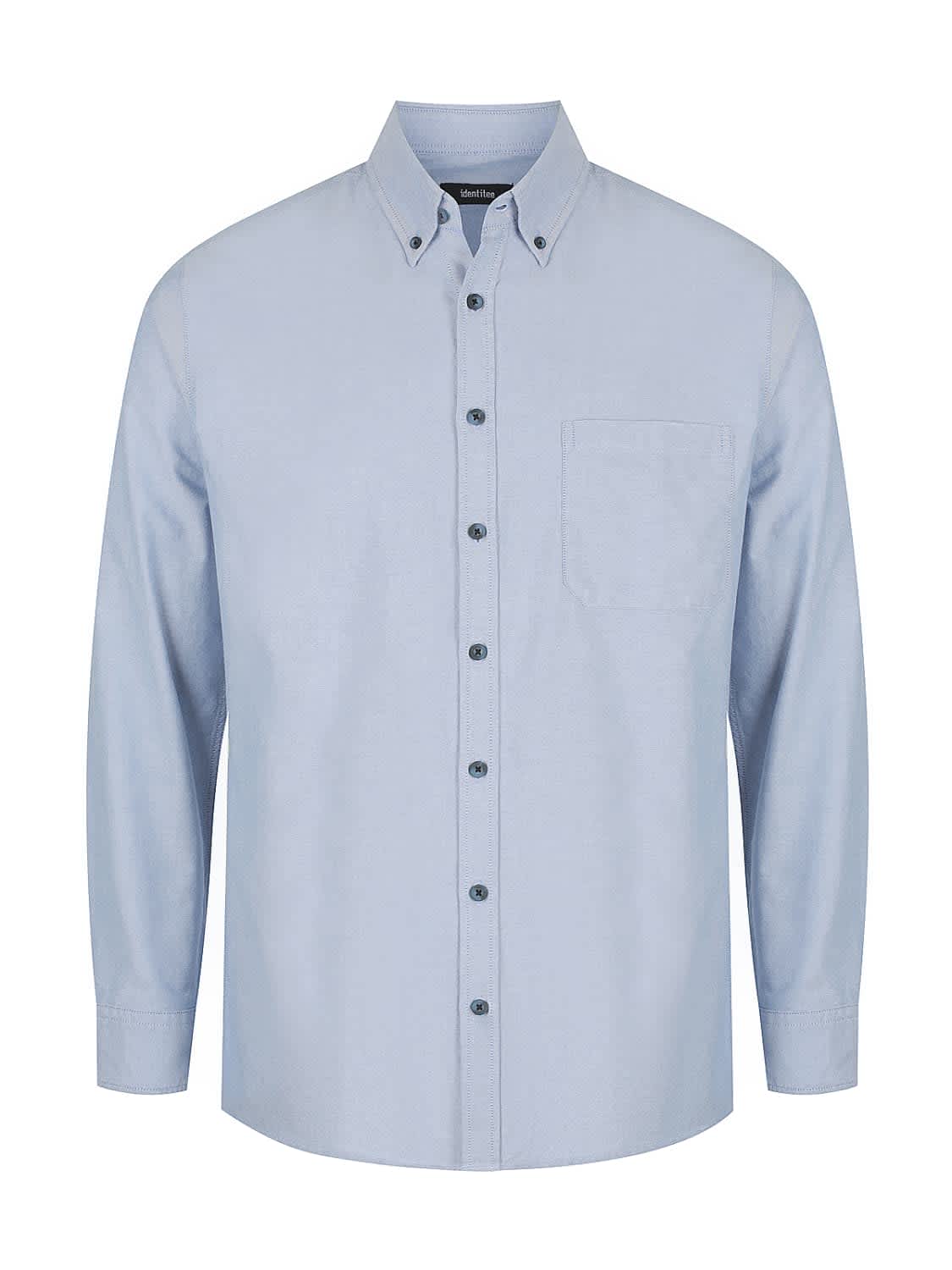 A light blue men's long sleeve button-up shirt featuring a single chest pocket and a branded logo.