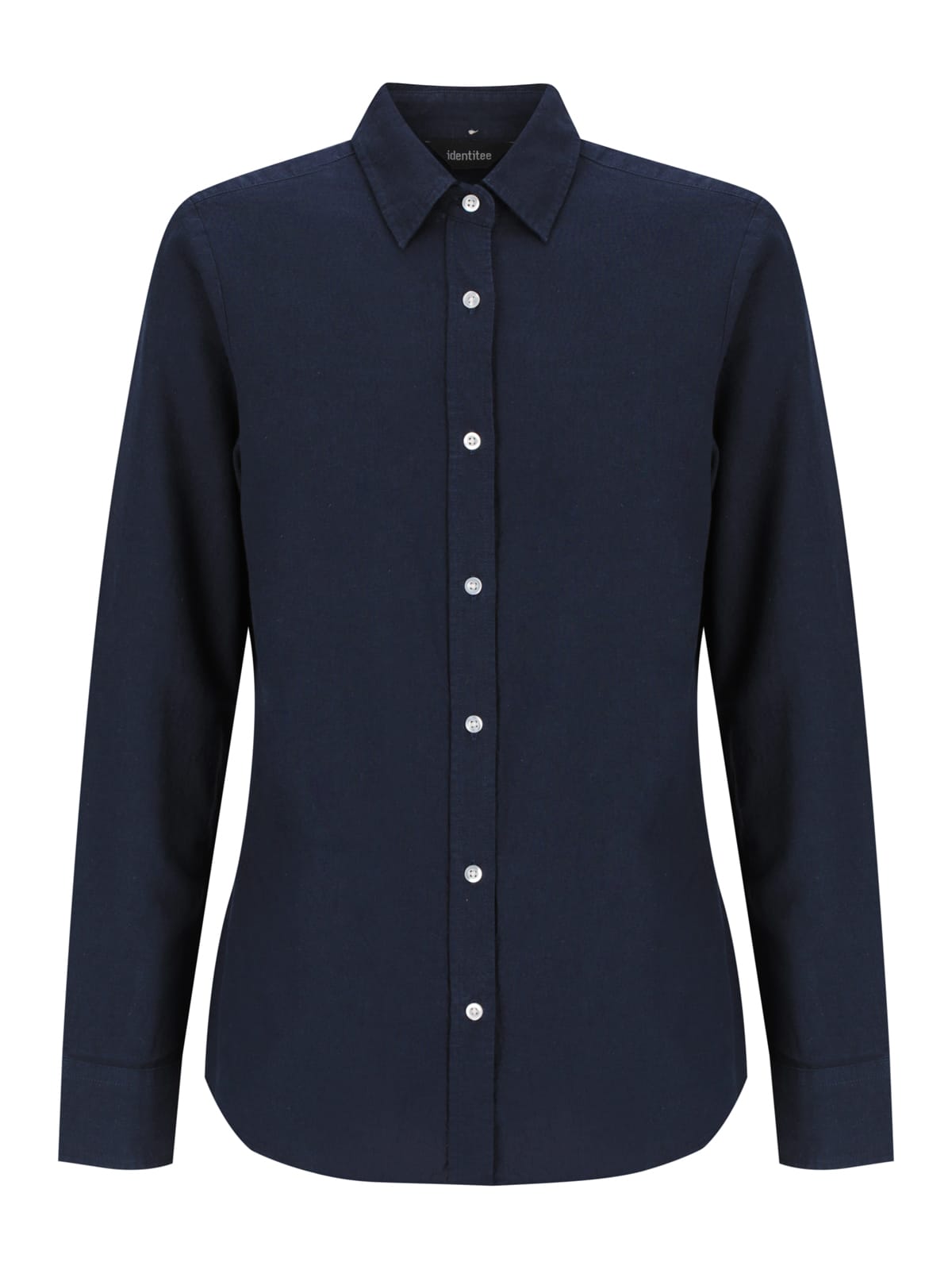 A navy ladies long sleeve button-up shirt featuring buttons and a crisp collar. Includes a logo.