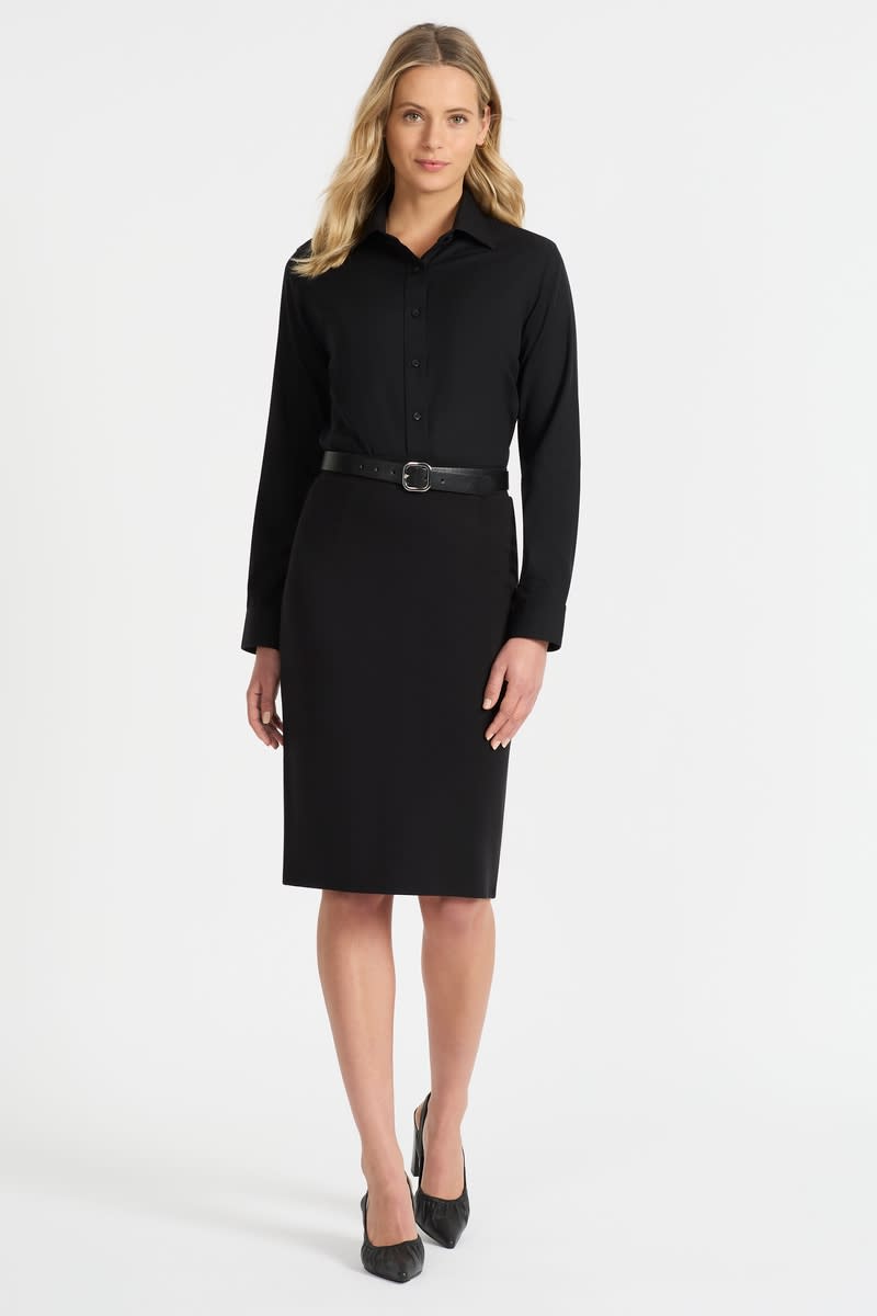 A black long sleeve button-up shirt, featuring a fitted design and worn with a belt, styled with a pencil skirt.