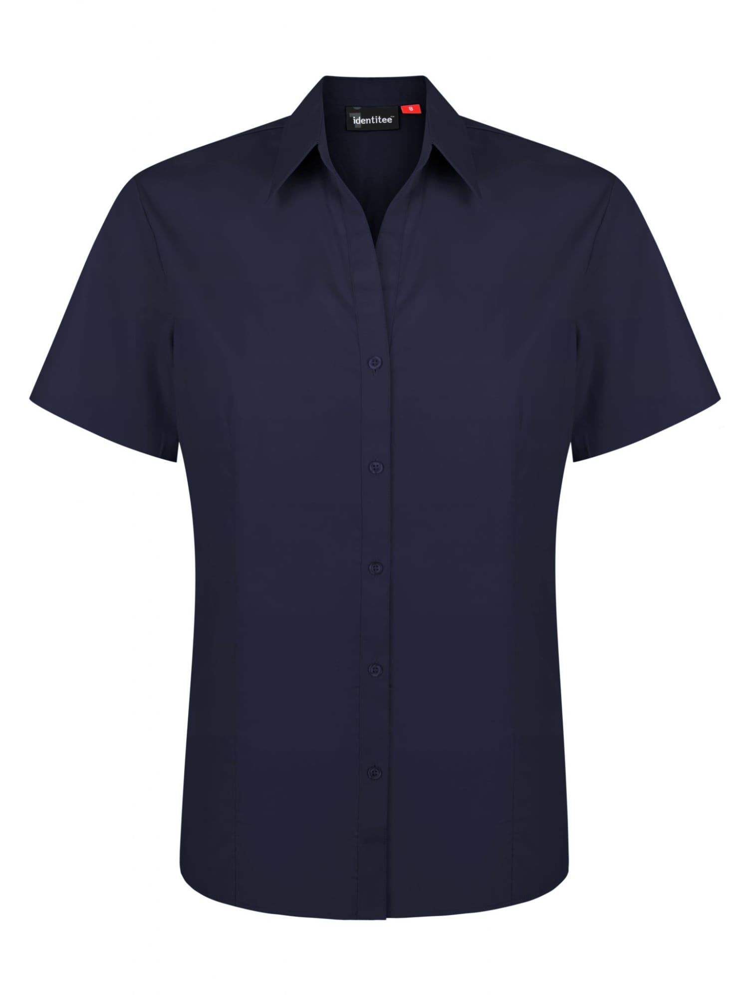 A navy blue button-up short sleeve ladies' shirt with a collar and branding.