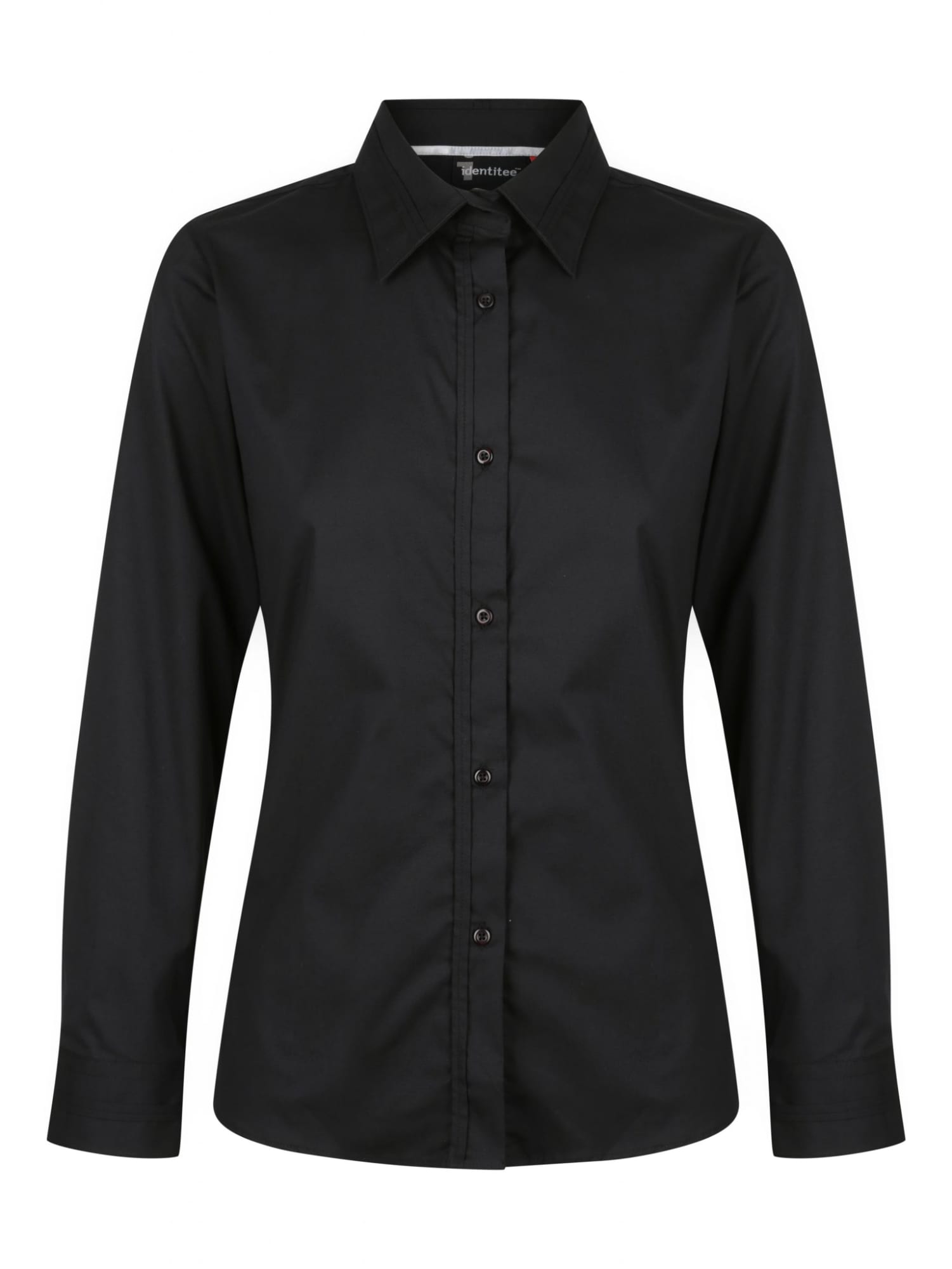 A black ladies long sleeve button-up shirt featuring a collar and a front button closure. The shirt has a branding logo.