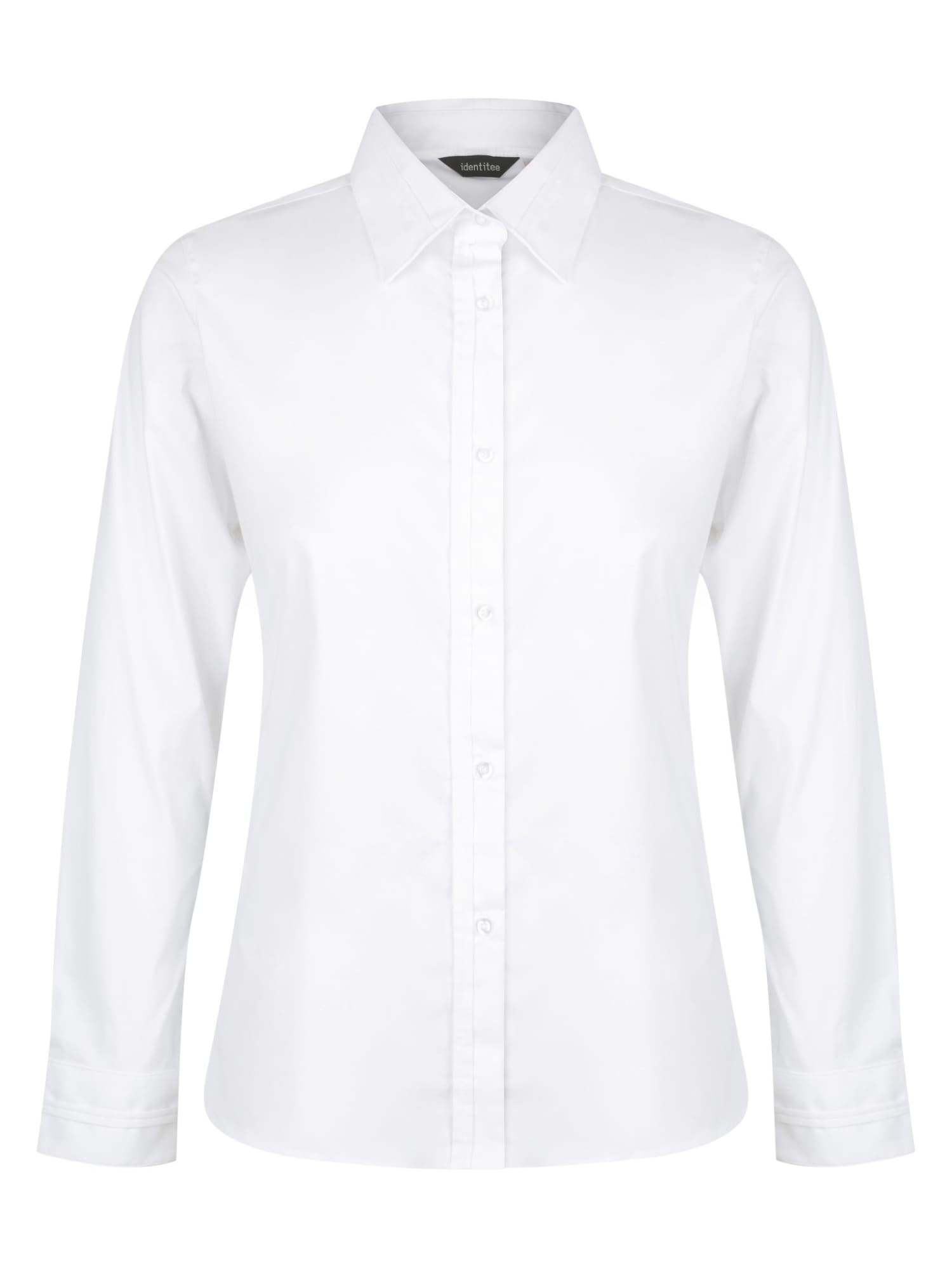 A white ladies' long sleeve button-up shirt featuring a collar and button closure, with a logo on the label.